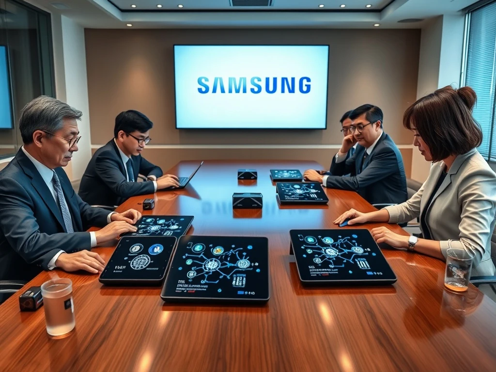 Samsung, Shinhan, and Hana Financial executives collaborating on won stablecoin development for Korean digital finance