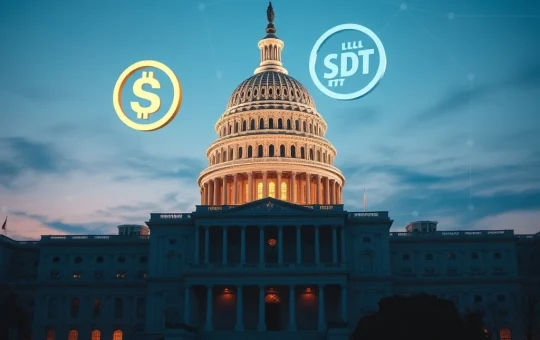 US Capitol with cryptocurrency symbols representing stablecoin regulation and Senate bill debate