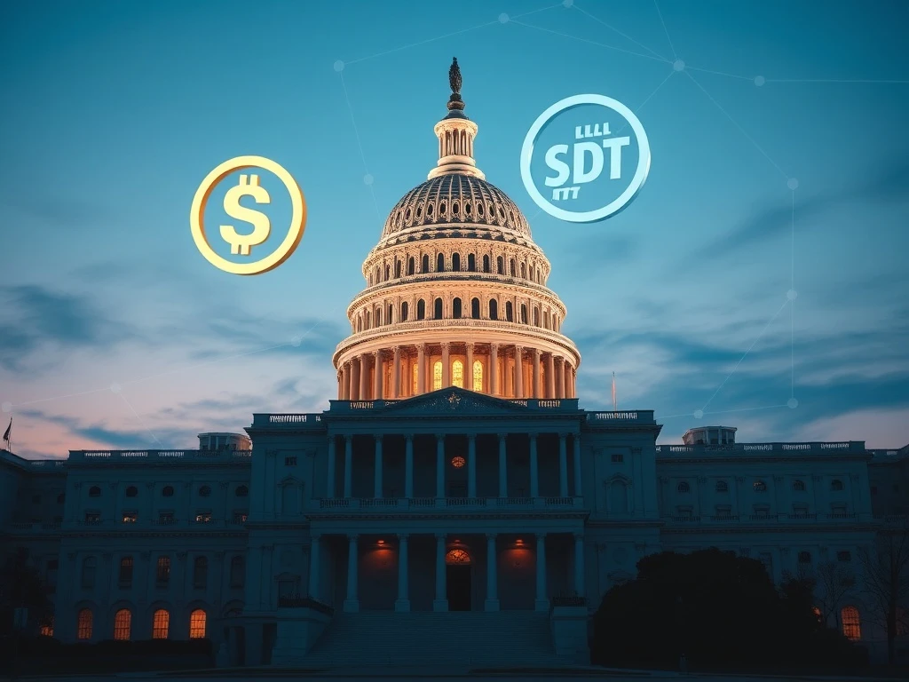US Capitol with cryptocurrency symbols representing stablecoin regulation and Senate bill debate
