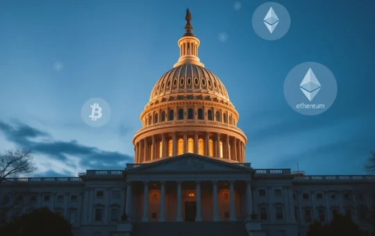 US Capitol with digital overlay representing the Senate's crypto market structure bill and blockchain technology.