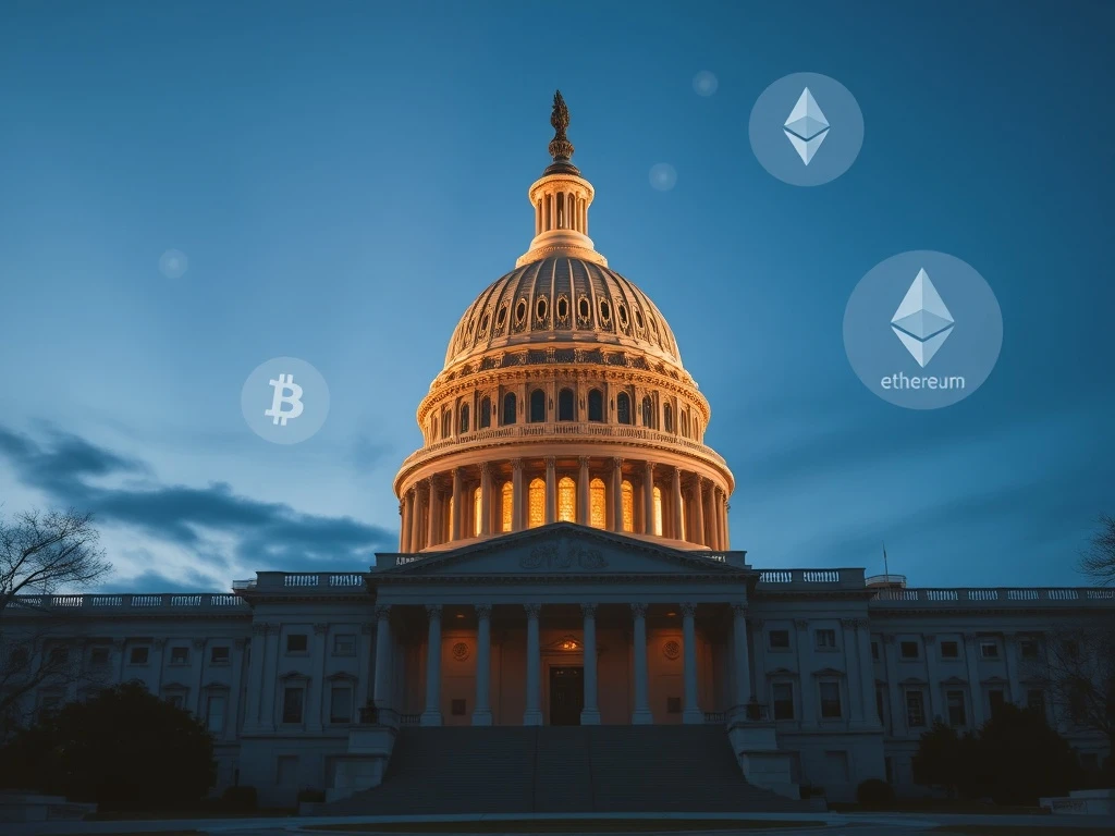 US Capitol with digital overlay representing the Senate's crypto market structure bill and blockchain technology.