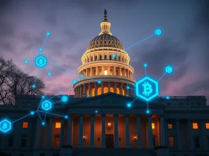 US Capitol with digital blockchain overlay representing the CLARITY Act crypto market structure legislation