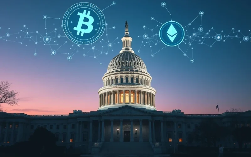 US Capitol with digital overlay symbolizing the Senate's critical crypto bill markup on the CLARITY Act.