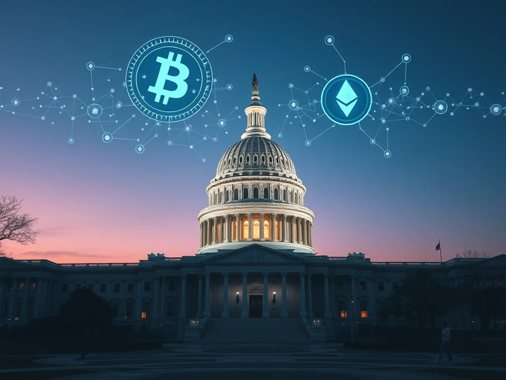 US Capitol with digital overlay symbolizing the Senate's critical crypto bill markup on the CLARITY Act.