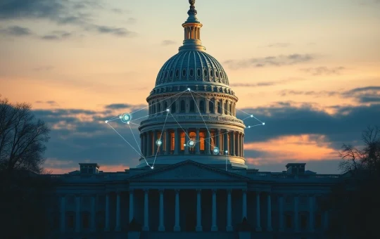 US Capitol with blockchain visualization representing Senate crypto bill surveillance powers