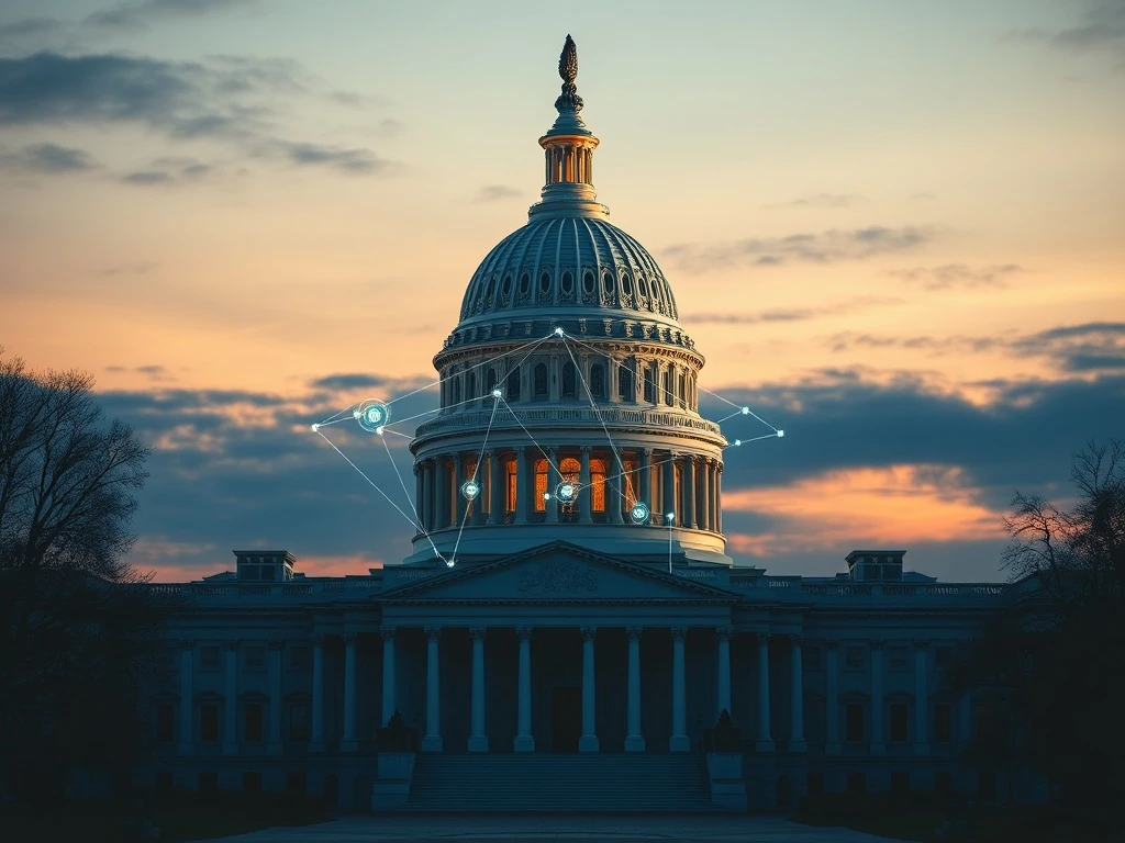US Capitol with blockchain visualization representing Senate crypto bill surveillance powers