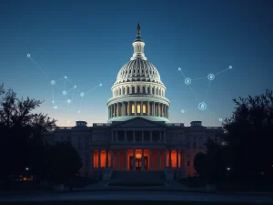 US Capitol building with blockchain overlay representing Senate crypto bill debate