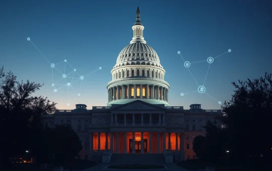US Capitol building with blockchain overlay representing Senate crypto bill debate