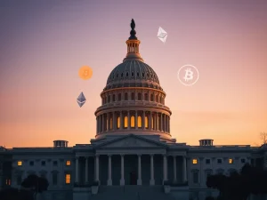 U.S. Capitol with cryptocurrency symbols representing the delayed crypto market structure bill debate