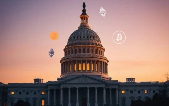 U.S. Capitol with cryptocurrency symbols representing the delayed crypto market structure bill debate