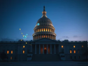 US Capitol with blockchain overlay representing digital asset market structure bill debate