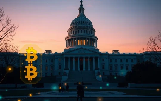 US Capitol with cryptocurrency overlay representing stablecoin legislation compromise