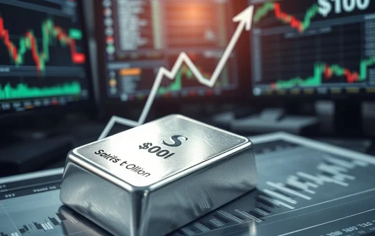 Historic $100 silver price milestone shown on a financial chart with silver bullion.