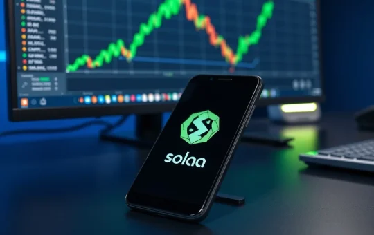 Solana Seeker smartphone triggering a major SKR token price surge on a crypto chart