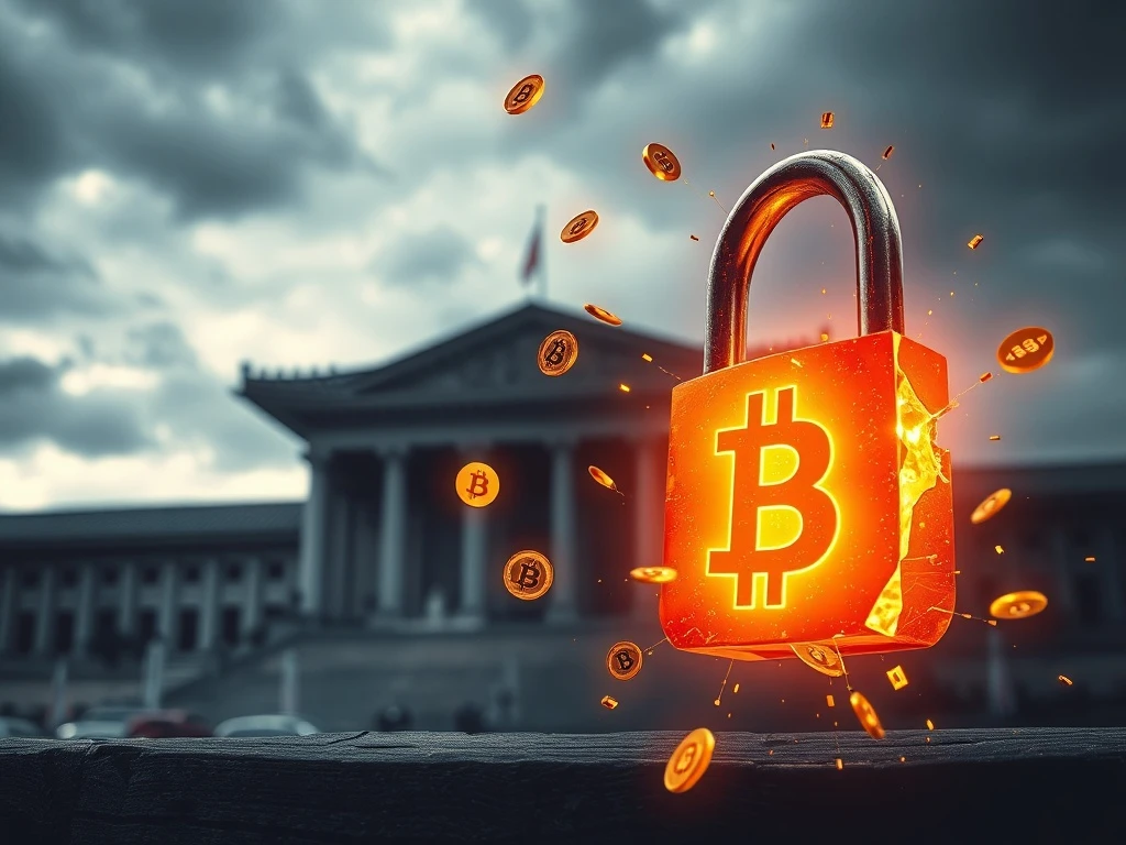 A digital padlock breaking apart as Bitcoin symbols escape, representing the $28.8M Bitcoin seizure hack from South Korean prosecutors.