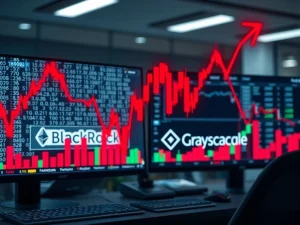 Analysis of spot Ethereum ETF outflows showing investor withdrawals from BlackRock and Grayscale funds
