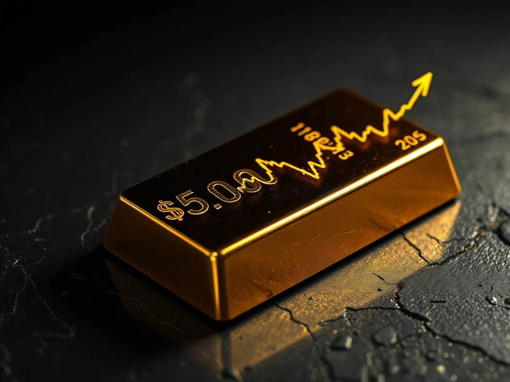 Gold bullion bar with chart showing spot gold price breaking the $5,000 all-time high milestone.