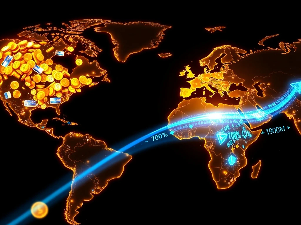 Illustration comparing the massive scale of global traditional payments to the growing but smaller stream of stablecoin transaction volume.