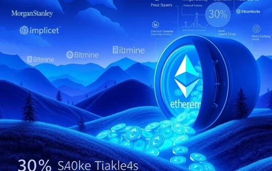 Visualization of record staked ETH reaching 30% of total supply, driven by institutional crypto adoption.