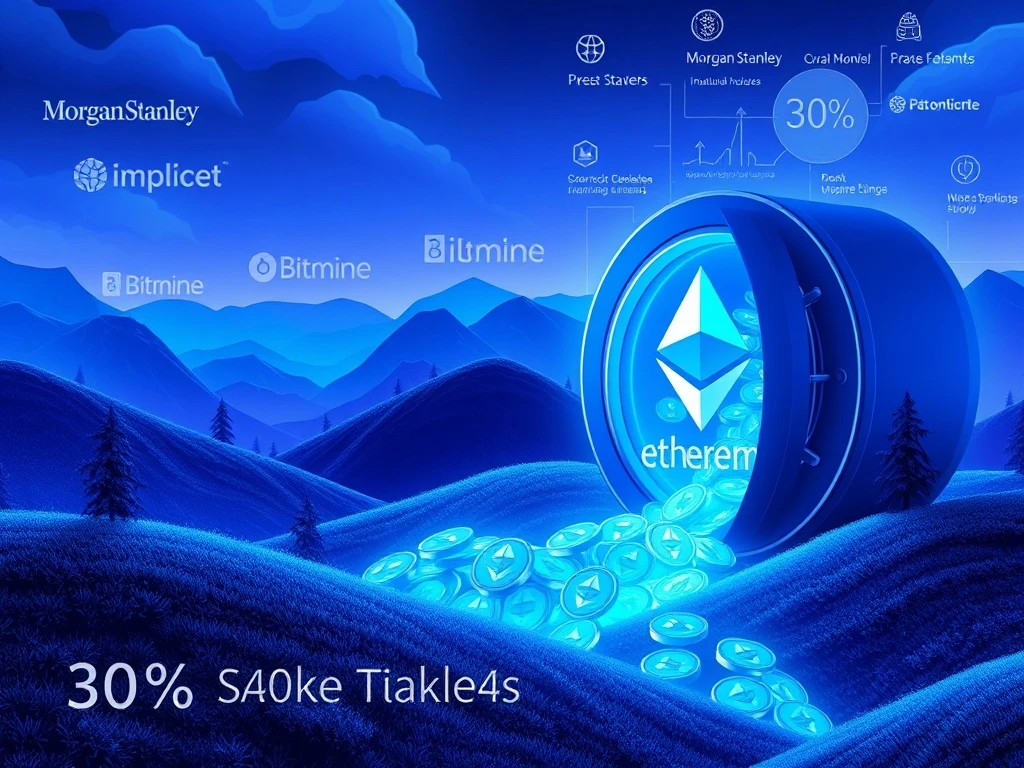 Visualization of record staked ETH reaching 30% of total supply, driven by institutional crypto adoption.