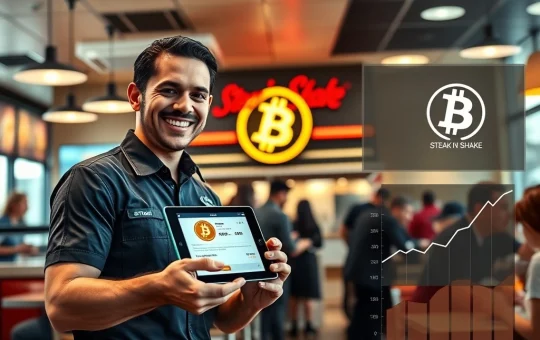 Steak 'n Shake employee using a tablet for a Bitcoin transaction as part of the new crypto bonus program.