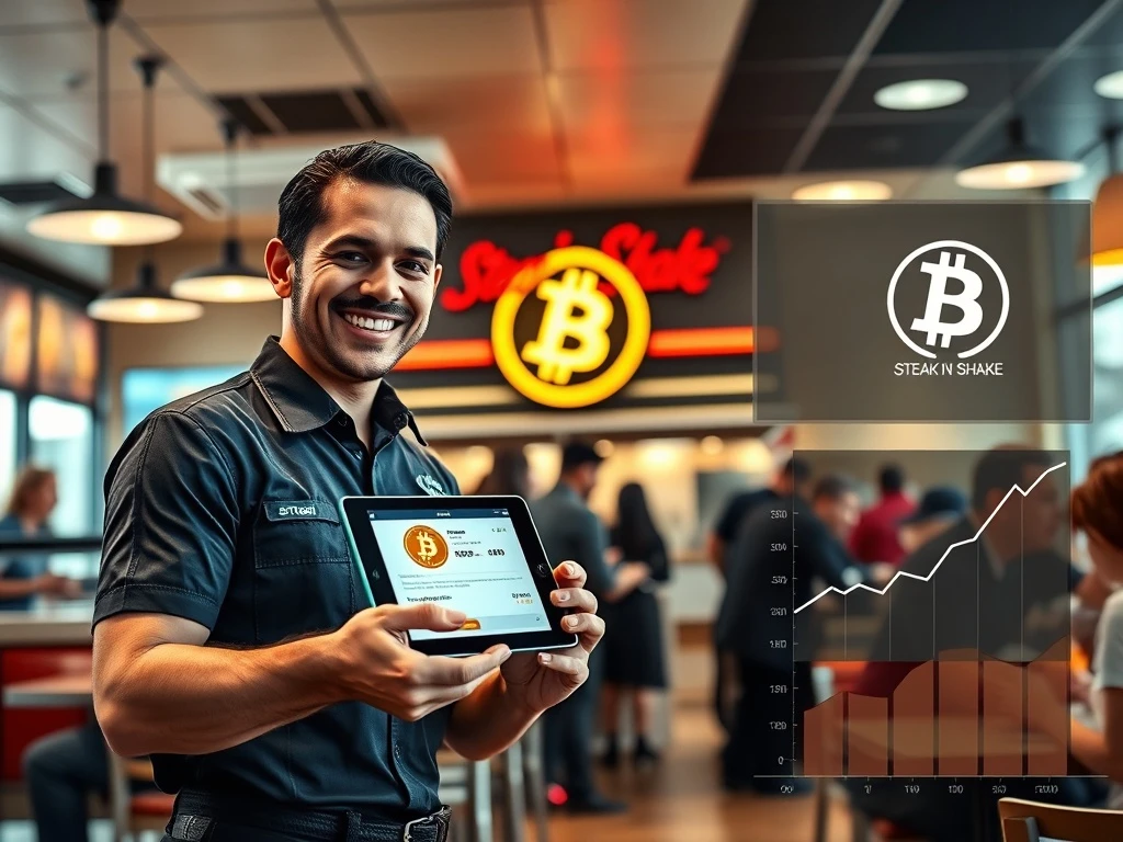 Steak 'n Shake employee using a tablet for a Bitcoin transaction as part of the new crypto bonus program.