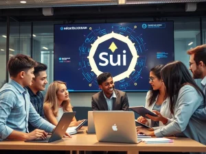 Professionals collaborating on the Sui blockchain LAUNCH Career internship program in a modern office.