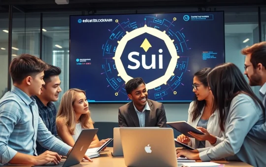 Professionals collaborating on the Sui blockchain LAUNCH Career internship program in a modern office.