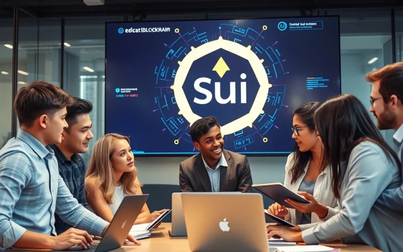 Professionals collaborating on the Sui blockchain LAUNCH Career internship program in a modern office.