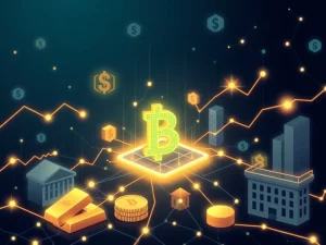 Blockchain network connecting to traditional financial assets representing tokenized real-world assets growth