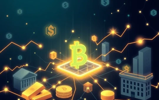 Blockchain network connecting to traditional financial assets representing tokenized real-world assets growth