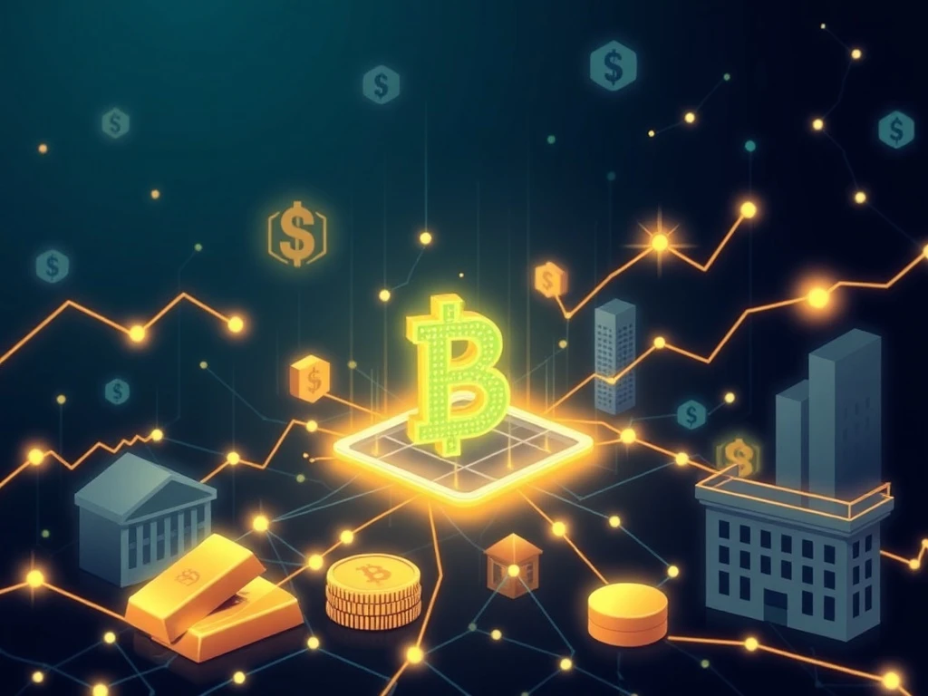 Blockchain network connecting to traditional financial assets representing tokenized real-world assets growth