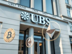 UBS bank building with digital asset overlay representing its new crypto trading services for private clients.
