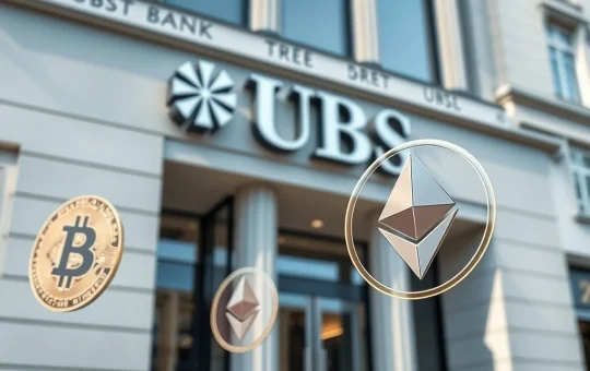UBS bank building with digital asset overlay representing its new crypto trading services for private clients.