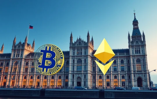 UK Parliament with cryptocurrency symbols representing final FCA regulatory framework