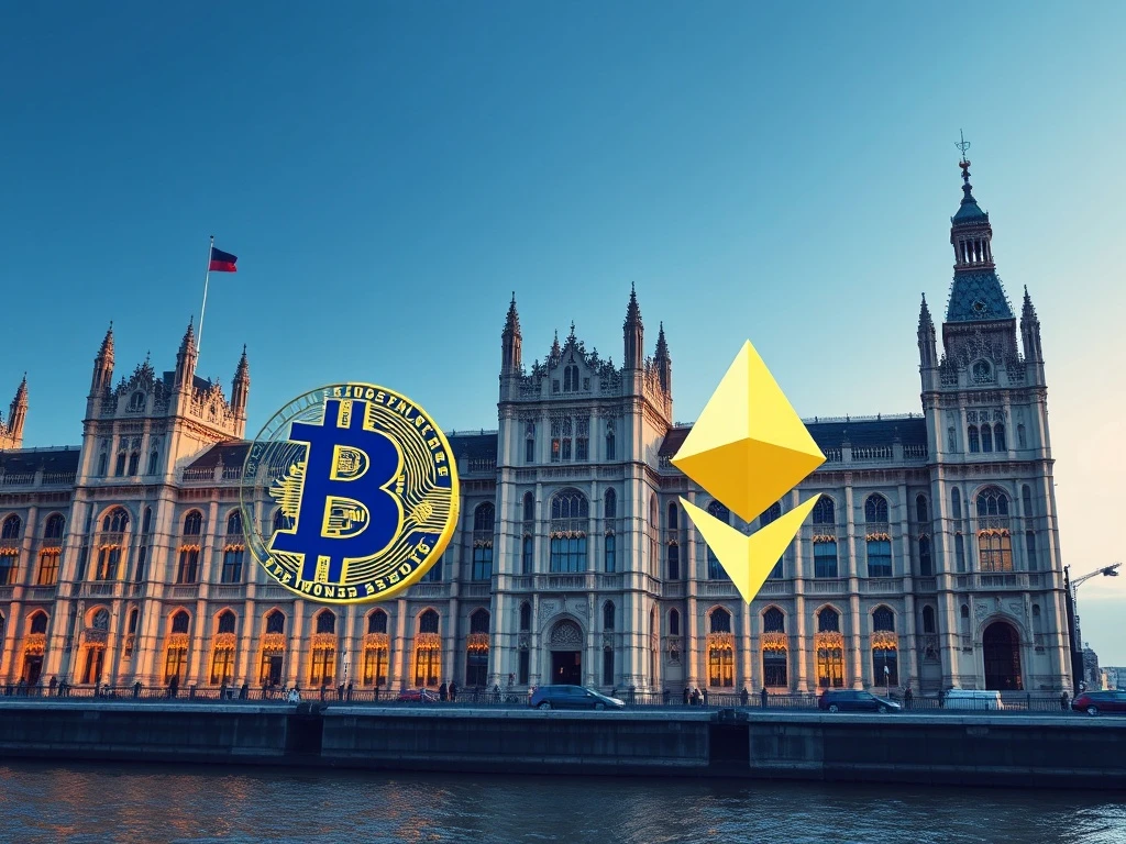 UK Parliament with cryptocurrency symbols representing final FCA regulatory framework