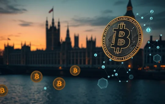 UK Parliament with cryptocurrency symbols representing the debate over crypto political donations and election integrity
