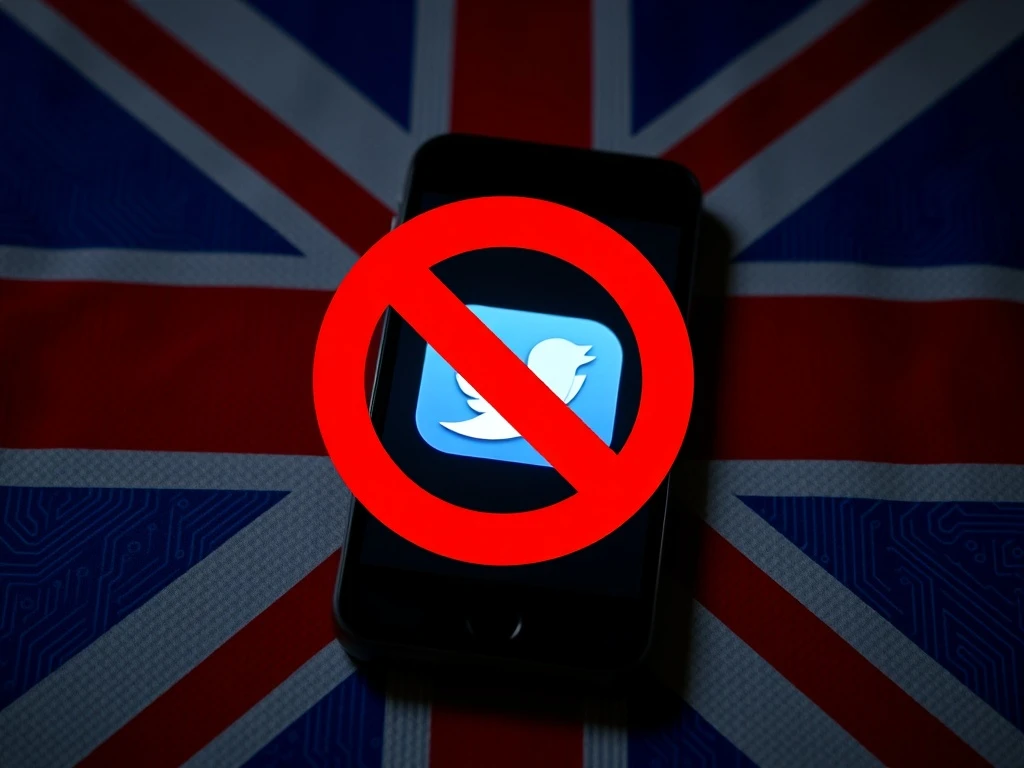 Concept of UK social media ban for under-16s with smartphone and prohibition symbol.