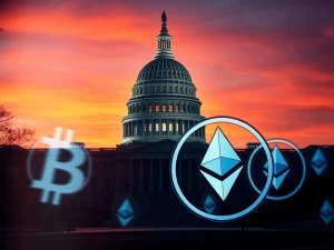 US Capitol building with cryptocurrency symbols representing the stalled crypto market structure bill legislation