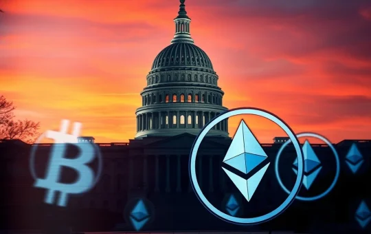 US Capitol building with cryptocurrency symbols representing the stalled crypto market structure bill legislation