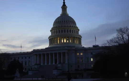 U.S. government shutdown depicted by a dimly lit Capitol Building during a funding lapse.