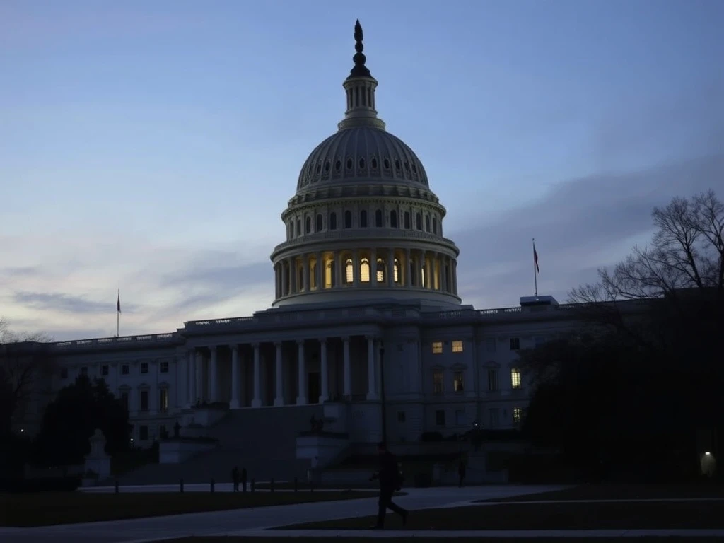 U.S. government shutdown depicted by a dimly lit Capitol Building during a funding lapse.