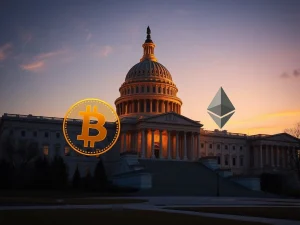 US Capitol building with cryptocurrency symbols representing the crypto market structure bill debate