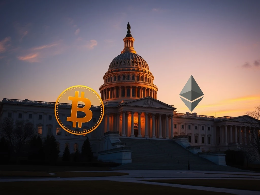 US Capitol building with cryptocurrency symbols representing the crypto market structure bill debate