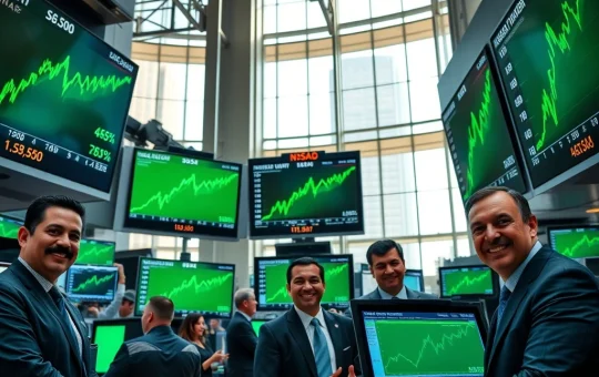 US major indices showing gains on trading floor displays with S&P 500, Nasdaq, and Dow Jones all trending upward