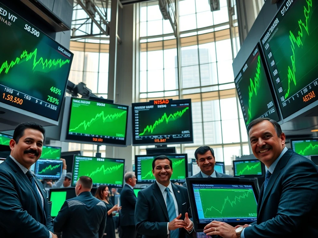 US major indices showing gains on trading floor displays with S&P 500, Nasdaq, and Dow Jones all trending upward