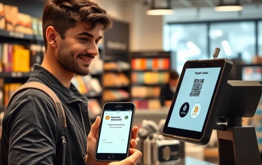 Customer using cryptocurrency for payment at a modern US retail store checkout counter