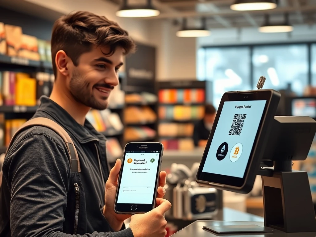 Customer using cryptocurrency for payment at a modern US retail store checkout counter