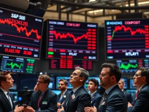 Mixed closing performance of major US stock indices including S&P 500, Dow Jones, and Nasdaq on trading displays