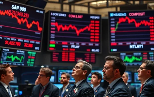 Mixed closing performance of major US stock indices including S&P 500, Dow Jones, and Nasdaq on trading displays